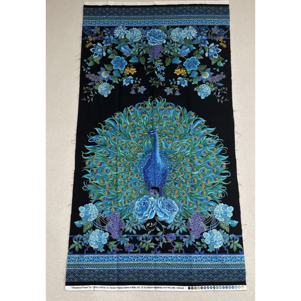 Plume Fabric Peacock Floral Green Black Timeless Treasures Remnant 23"x43"